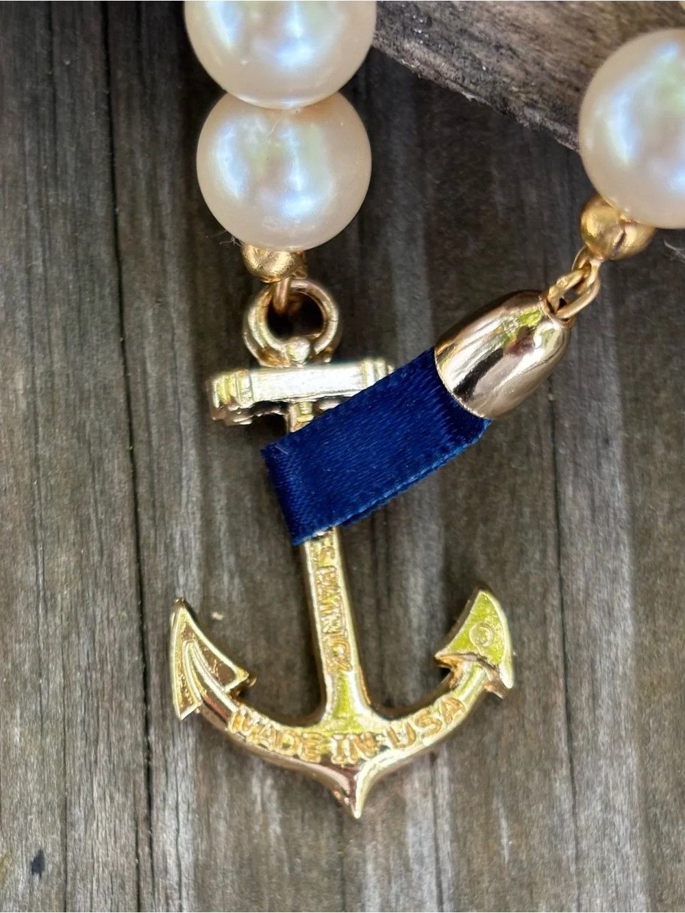 Kiel James Patrick Pearl Bead Necklace with Gold Anchor Charm and Navy Accent